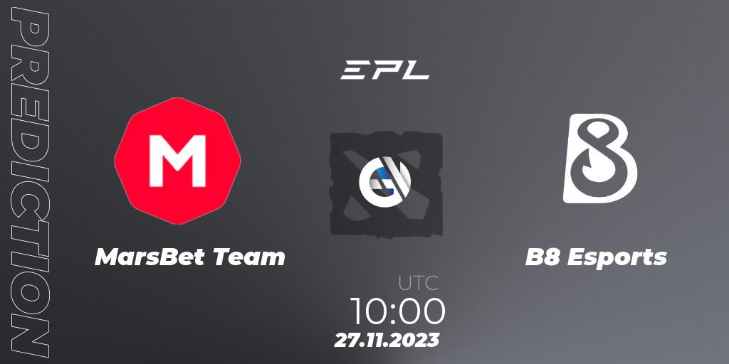 Pronósticos MarsBet Team - B8 Esports. 27.11.2023 at 16:01. European Pro League Season 14 - Dota 2