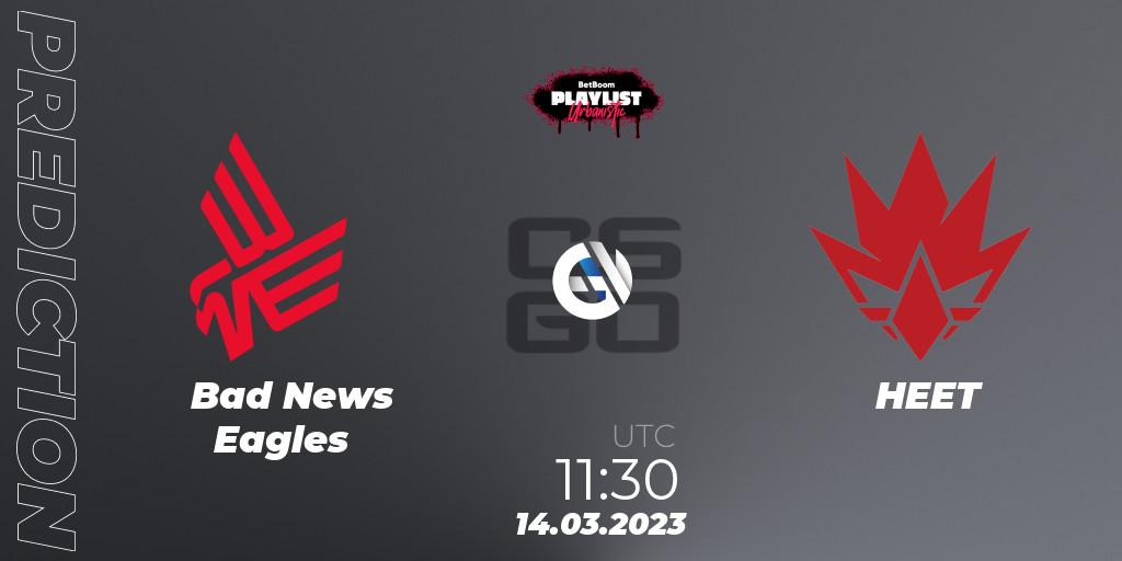 Pronósticos Bad News Eagles - HEET. 14.03.2023 at 11:30. BetBoom Playlist. Urbanistic - Counter-Strike (CS2)