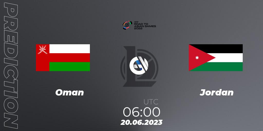 Pronósticos Oman - Jordan. 20.06.2023 at 06:00. 2022 AESF Road to Asian Games - West Asia - LoL