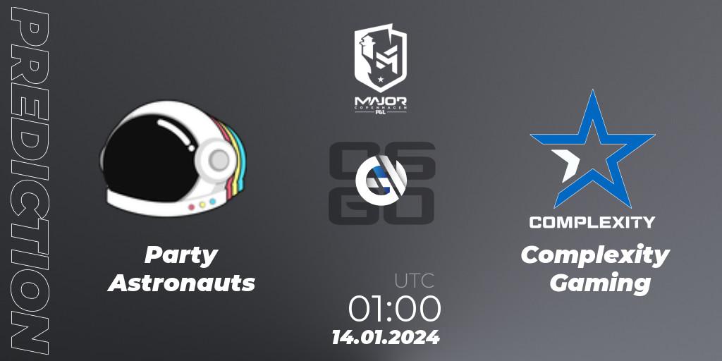 Pronósticos Party Astronauts - Complexity Gaming. 14.01.2024 at 01:15. PGL CS2 Major Copenhagen 2024 North America RMR Closed Qualifier - Counter-Strike (CS2)