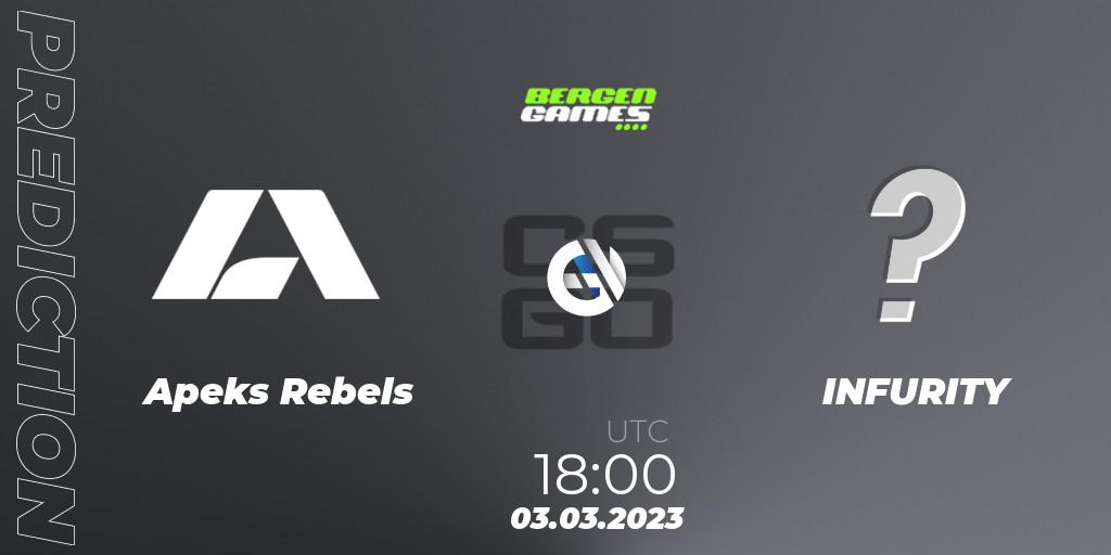 Pronósticos Apeks Rebels - INFURITY Gaming. 03.03.2023 at 18:15. Bergen Games 2023 - Counter-Strike (CS2)
