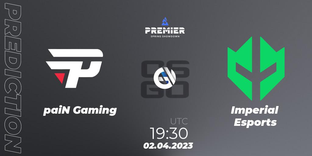 Pronósticos paiN Gaming - Imperial Esports. 02.04.2023 at 21:20. BLAST Premier: Spring American Showdown 2023 - Counter-Strike (CS2)