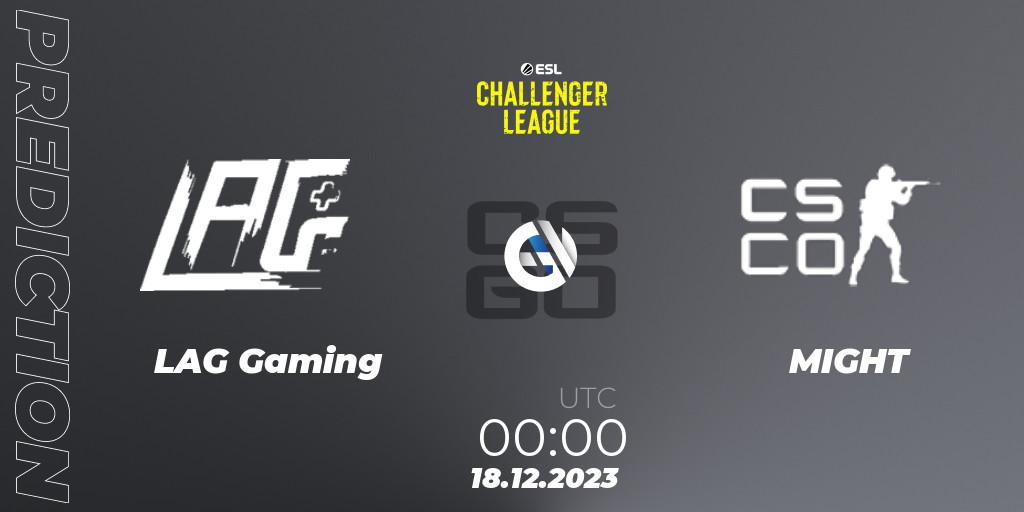 Pronósticos LAG Gaming - MIGHT. 18.12.2023 at 00:00. ESL Challenger League Season 46 Relegation: North America - Counter-Strike (CS2)