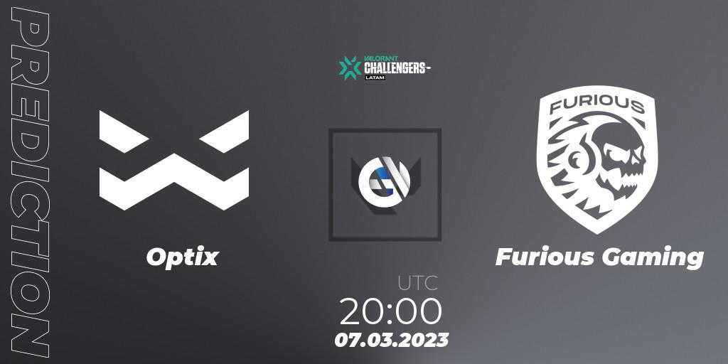 Pronósticos Optix - Furious Gaming. 07.03.2023 at 20:00. VALORANT Challengers 2023: LAS Split 1 - VALORANT