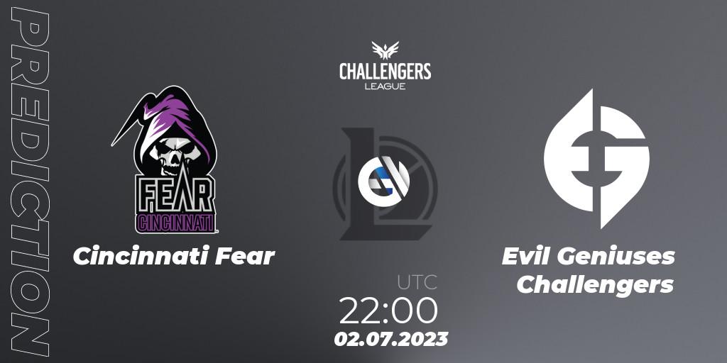 Pronósticos Cincinnati Fear - Evil Geniuses Challengers. 19.06.2023 at 00:00. North American Challengers League 2023 Summer - Group Stage - LoL