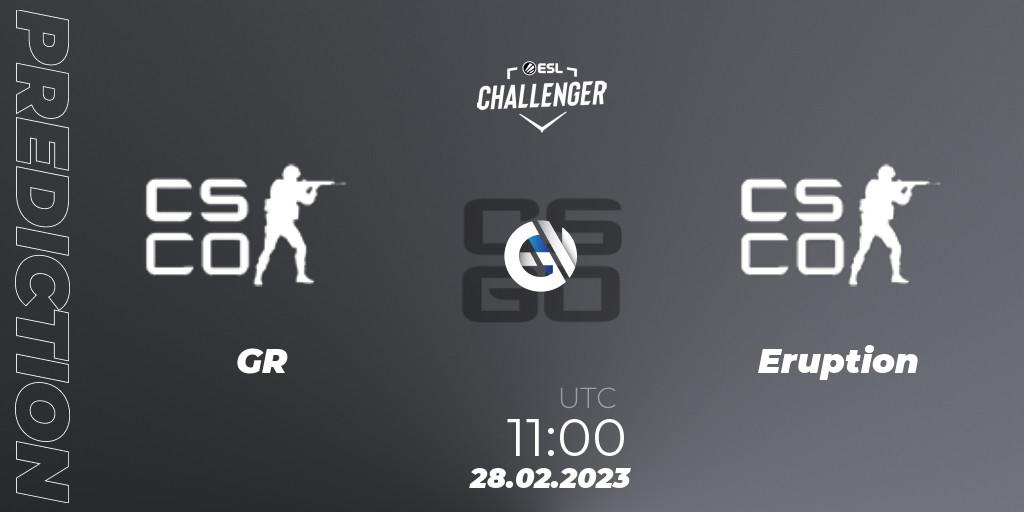 Pronósticos GR Gaming - Eruption. 28.02.2023 at 11:00. ESL Challenger Melbourne 2023 Asia Open Qualifier - Counter-Strike (CS2)