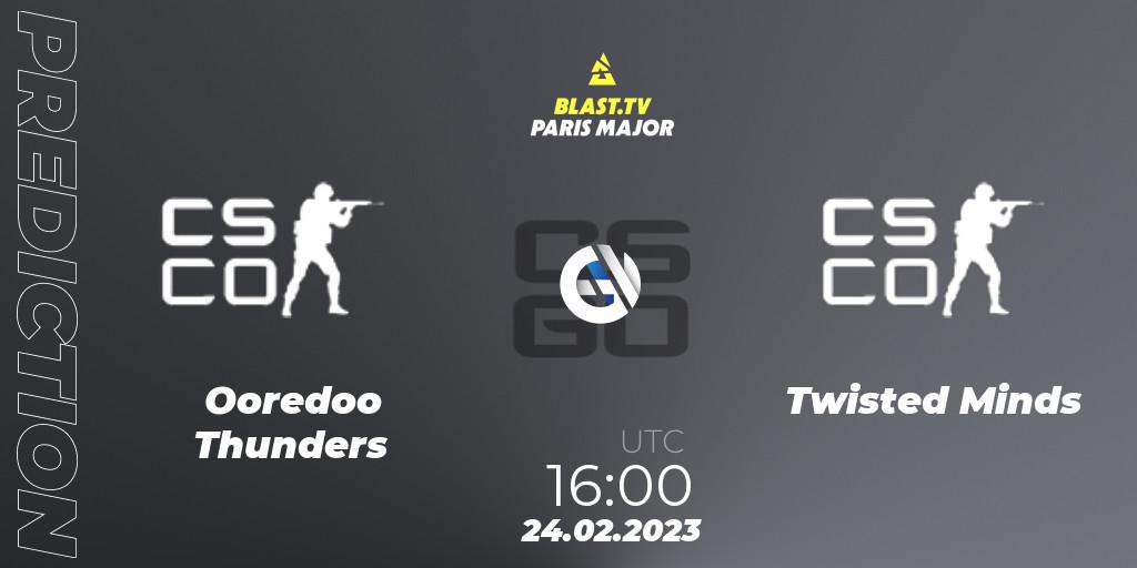 Pronósticos Ooredoo Thunders - Twisted Minds. 24.02.2023 at 16:05. BLAST.tv Paris Major 2023 Middle East RMR Closed Qualifier - Counter-Strike (CS2)