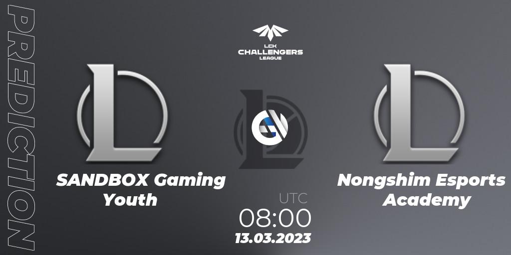 Pronósticos SANDBOX Gaming Youth - Nongshim RedForce Academy. 13.03.2023 at 08:20. LCK Challengers League 2023 Spring - LoL