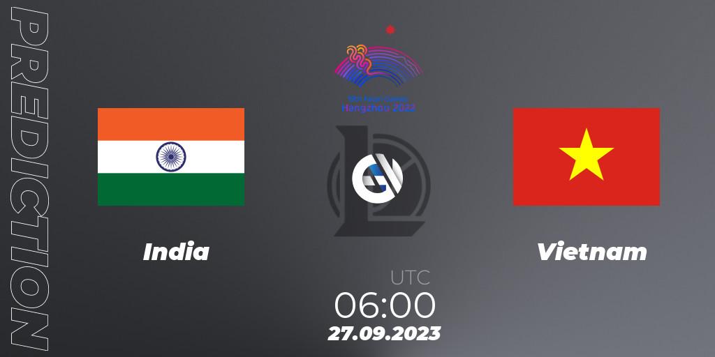 Pronósticos India - Vietnam. 27.09.2023 at 06:00. 2022 Asian Games - LoL