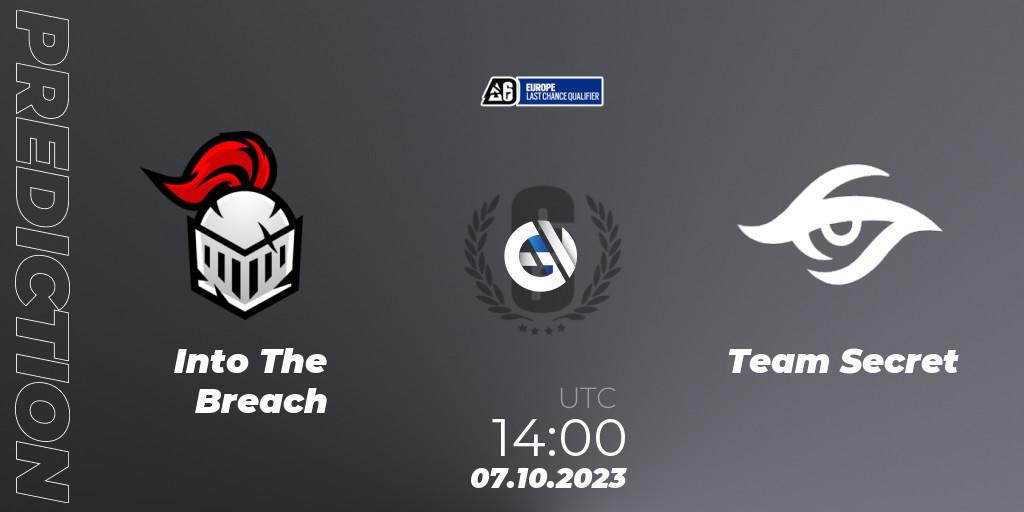 Pronósticos Into The Breach - Team Secret. 07.10.2023 at 14:00. Europe League 2023 - Stage 2 - Last Chance Qualifiers - Rainbow Six