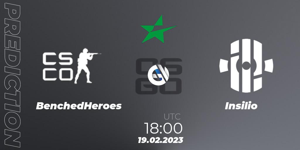 Pronósticos BenchedHeroes - Insilio. 19.02.2023 at 18:00. ESEA Winter 2023 Cash Cup 4 Europe - Counter-Strike (CS2)