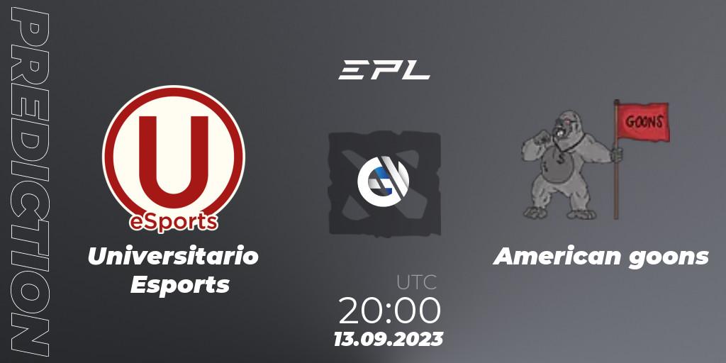 Pronósticos Universitario Esports - American goons. 13.09.2023 at 20:03. EPL World Series: America Season 7 - Dota 2