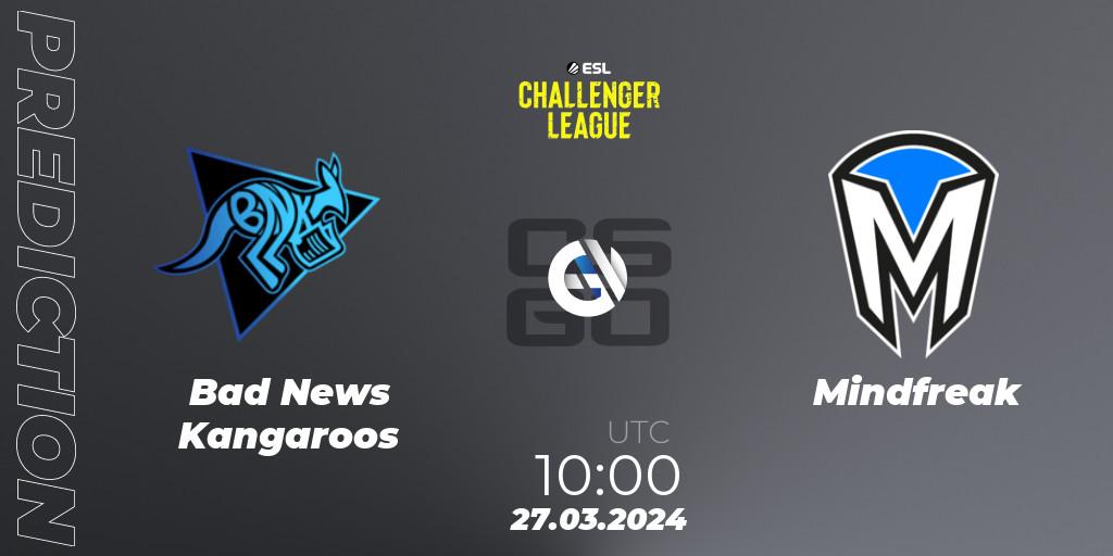 Pronósticos Bad News Kangaroos - Mindfreak. 27.03.2024 at 10:00. ESL Challenger League Season 47: Oceania - Counter-Strike (CS2)