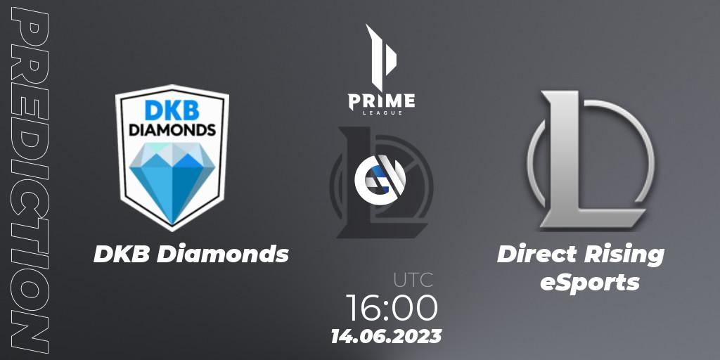 Pronósticos DKB Diamonds - Direct Rising eSports. 14.06.2023 at 16:00. Prime League 2nd Division Summer 2023 - LoL