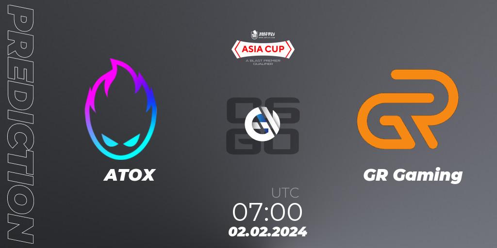 Pronósticos ATOX - GR Gaming. 02.02.2024 at 07:00. 5E Arena Asia Cup Spring 2024 - BLAST Premier Qualifier - Counter-Strike (CS2)