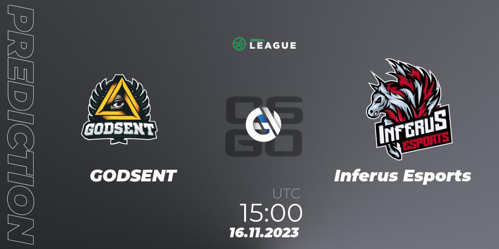 Pronósticos GODSENT - Inferus Esports. 16.11.2023 at 15:00. ESEA Season 47: Advanced Division - Europe - Counter-Strike (CS2)