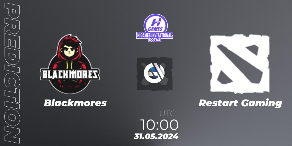 Pronósticos Blackmores - Restart Gaming. 31.05.2024 at 09:00. HiGames Invitational - Dota 2