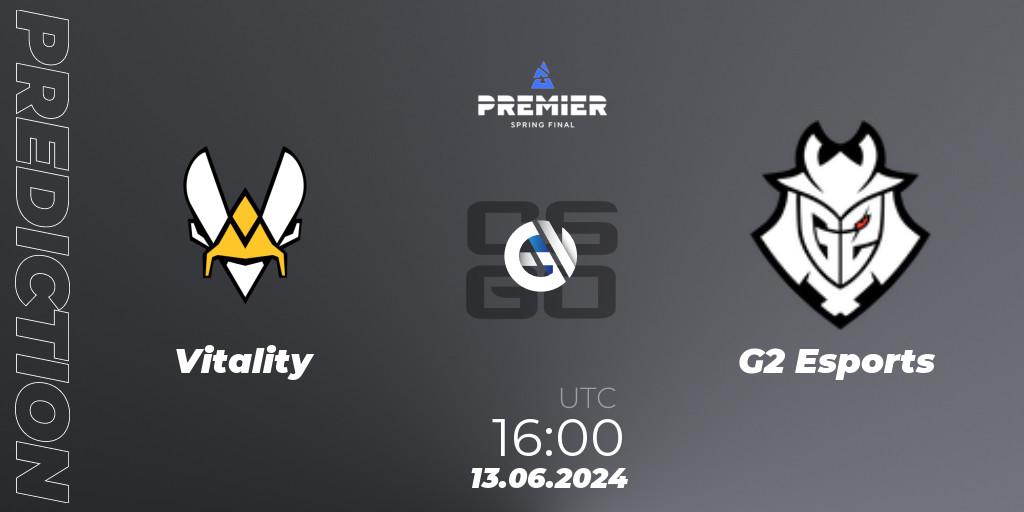 Pronósticos Vitality - G2 Esports. 13.06.2024 at 16:05. BLAST Premier Spring Final 2024 - Counter-Strike (CS2)