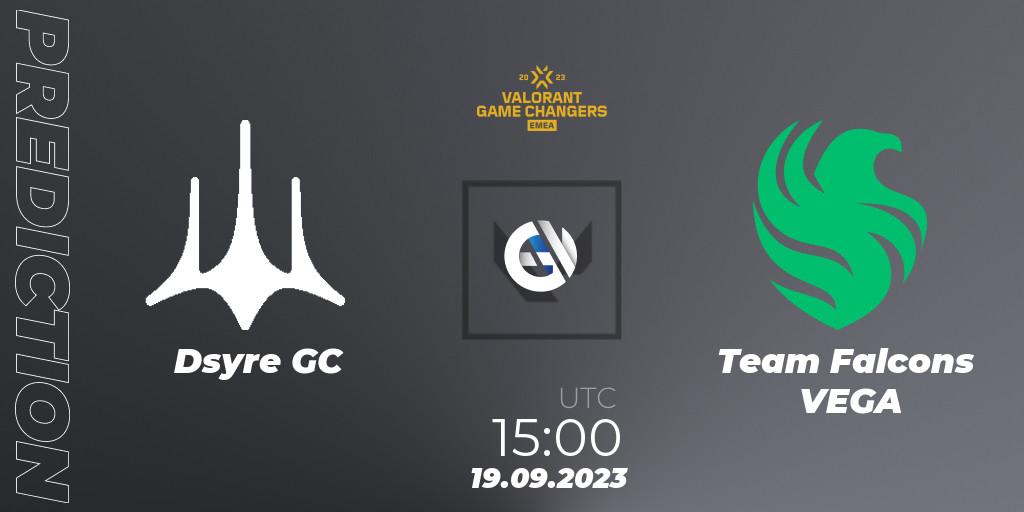 Pronósticos Dsyre GC - Team Falcons VEGA. 19.09.2023 at 15:00. VCT 2023: Game Changers EMEA Stage 3 - Group Stage - VALORANT
