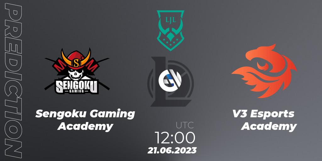 Pronósticos Sengoku Gaming Academy - V3 Esports Academy. 21.06.2023 at 12:00. LJL Academy 2023 - Group Stage - LoL