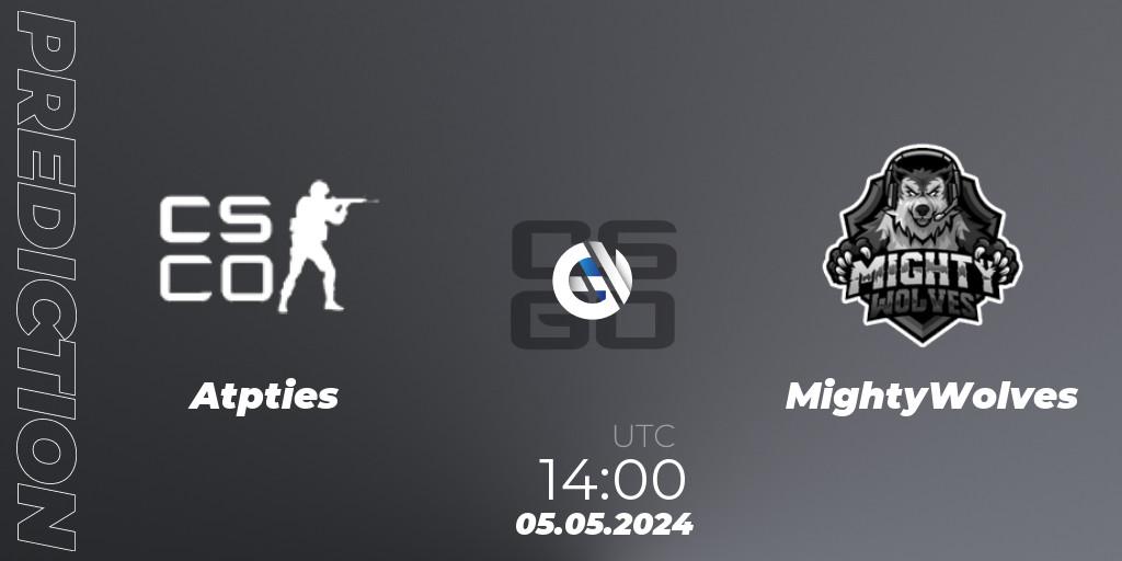 Pronósticos Atpūties - MightyWolves. 05.05.2024 at 14:00. kleverr Virslīga Season 2 - Counter-Strike (CS2)