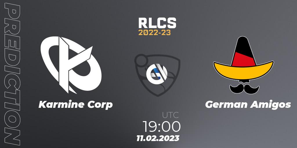 Pronósticos Karmine Corp - German Amigos. 11.02.2023 at 18:55. RLCS 2022-23 - Winter: Europe Regional 2 - Winter Cup - Rocket League