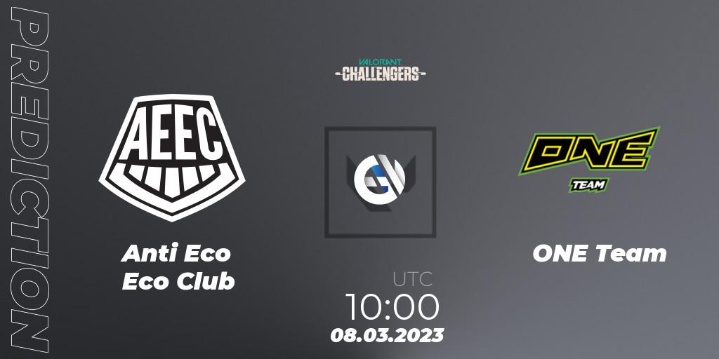 Pronósticos Anti Eco Eco Club - ONE Team. 08.03.2023 at 10:00. VALORANT Challengers 2023: Hong Kong and Taiwan Split 1 - VALORANT