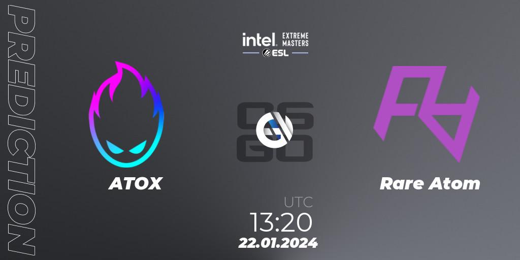 Pronósticos ATOX - Rare Atom. 22.01.2024 at 13:20. Intel Extreme Masters China 2024: Asian Open Qualifier #1 - Counter-Strike (CS2)