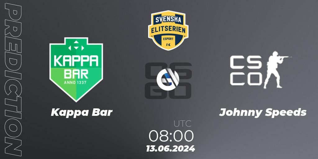 Pronósticos Kappa Bar - Johnny Speeds. 13.06.2024 at 08:10. Svenska Elitserien Spring 2024 - Counter-Strike (CS2)