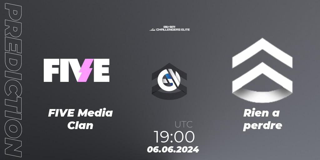Pronósticos FIVE Media Clan - Rien a perdre. 06.06.2024 at 18:00. Call of Duty Challengers 2024 - Elite 3: EU - Call of Duty