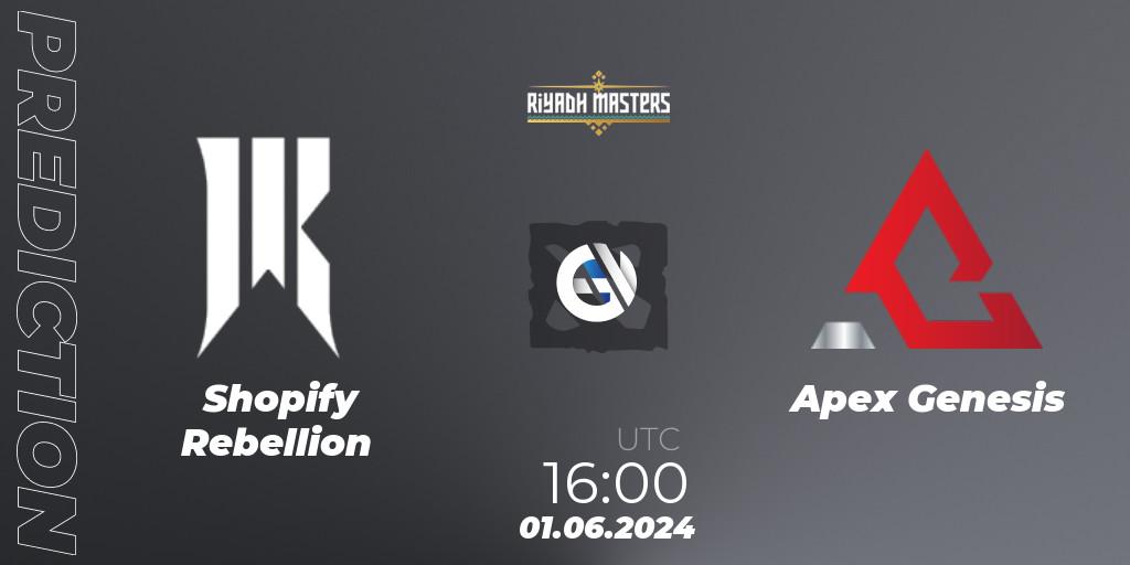Pronósticos Shopify Rebellion - Apex Genesis. 01.06.2024 at 16:00. Riyadh Masters 2024: North America Closed Qualifier - Dota 2