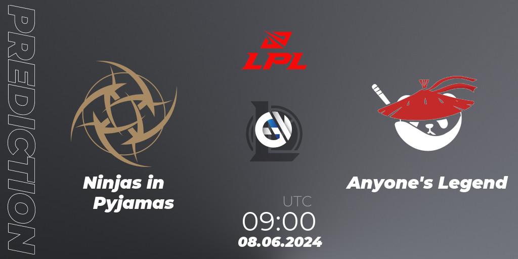 Pronósticos Ninjas in Pyjamas - Anyone's Legend. 08.06.2024 at 09:00. LPL 2024 Summer - Group Stage - LoL