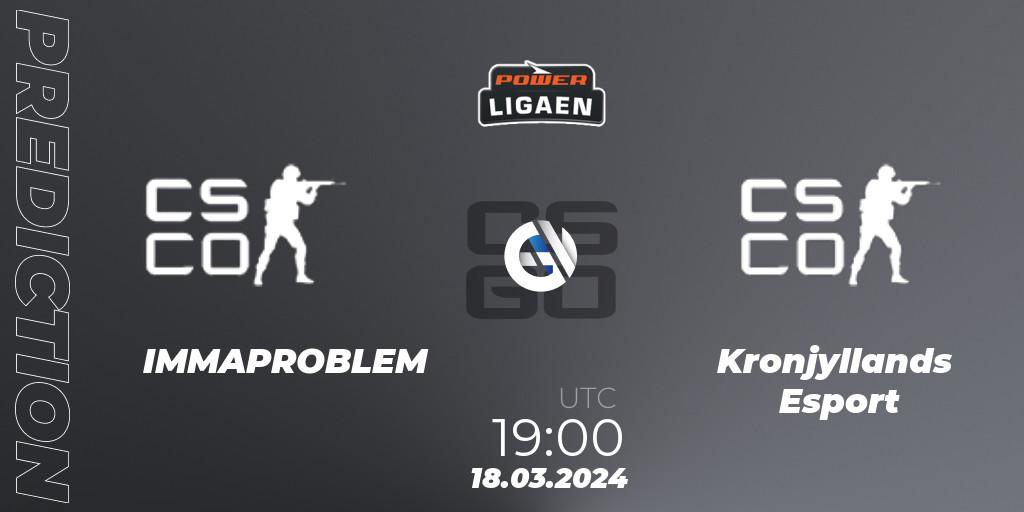 Pronósticos IMMAPROBLEM - Kronjyllands Esport. 18.03.2024 at 19:00. Dust2.dk Ligaen Season 25: Relegation - Counter-Strike (CS2)