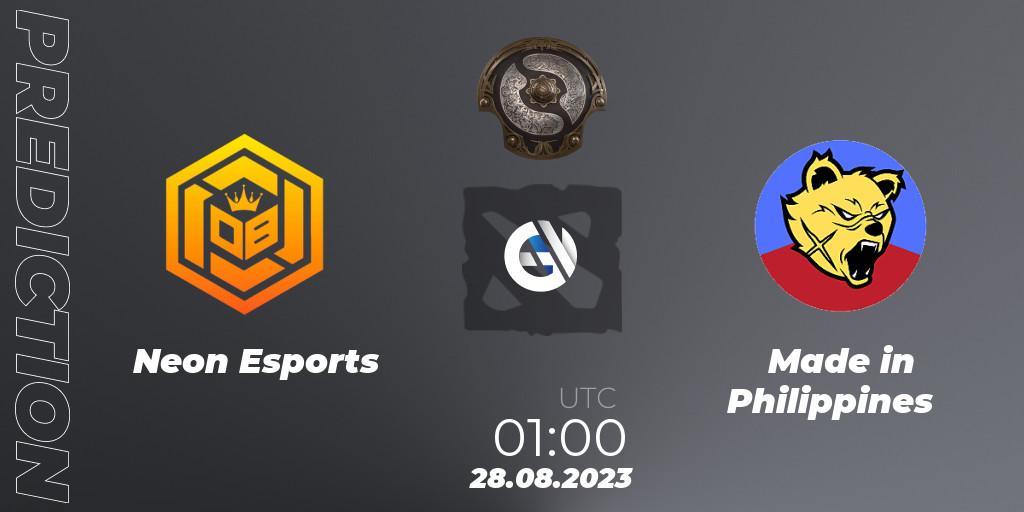 Pronósticos Neon Esports - Made in Philippines. 28.08.2023 at 01:02. The International 2023 - Southeast Asia Qualifier - Dota 2