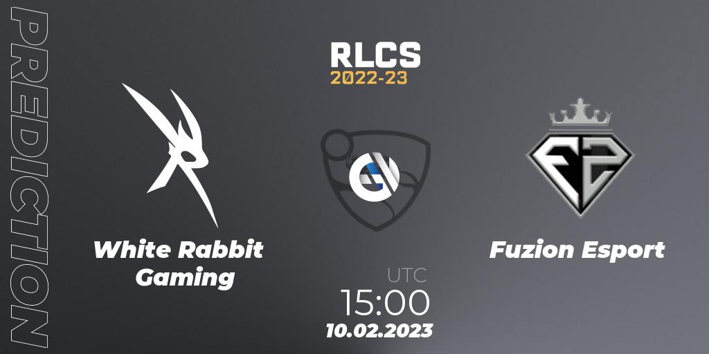 Pronósticos White Rabbit Gaming - Fuzion Esport. 10.02.2023 at 15:00. RLCS 2022-23 - Winter: Sub-Saharan Africa Regional 2 - Winter Cup - Rocket League
