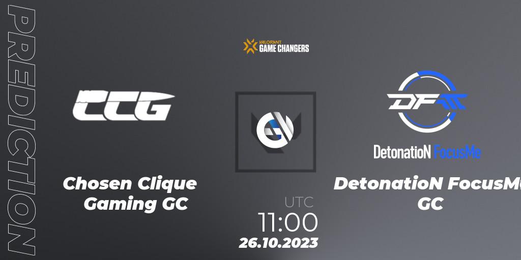 Pronósticos Chosen Clique Gaming GC - DetonatioN FocusMe GC. 26.10.2023 at 11:00. VCT 2023: Game Changers East Asia - VALORANT