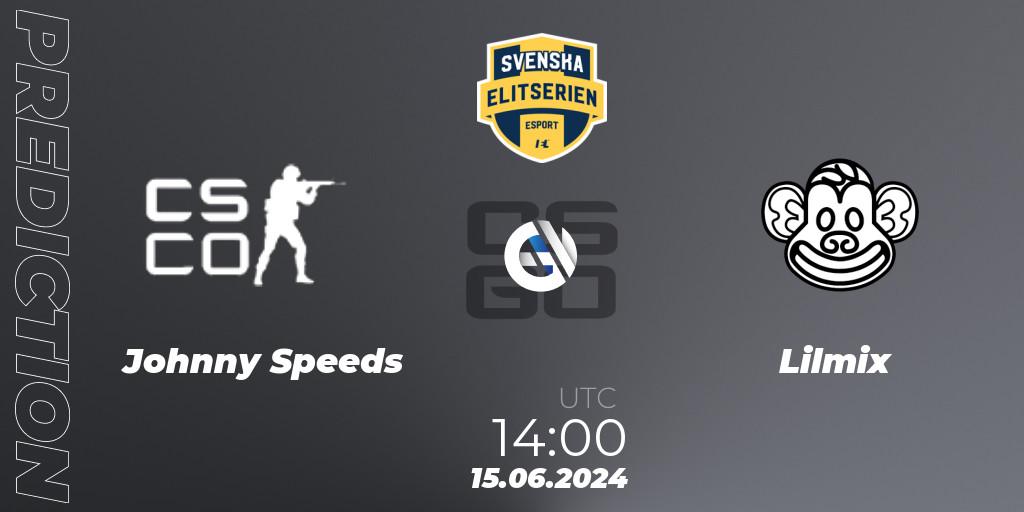 Pronósticos Johnny Speeds - Lilmix. 15.06.2024 at 14:10. Svenska Elitserien Spring 2024 - Counter-Strike (CS2)