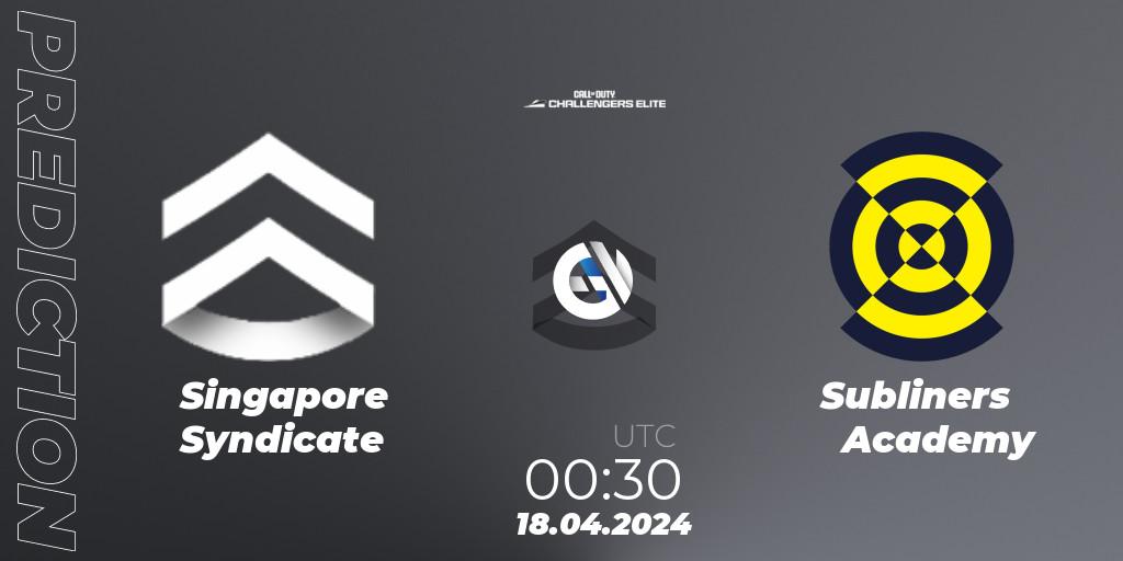 Pronósticos Singapore Syndicate - Subliners Academy. 17.04.2024 at 23:30. Call of Duty Challengers 2024 - Elite 2: NA - Call of Duty