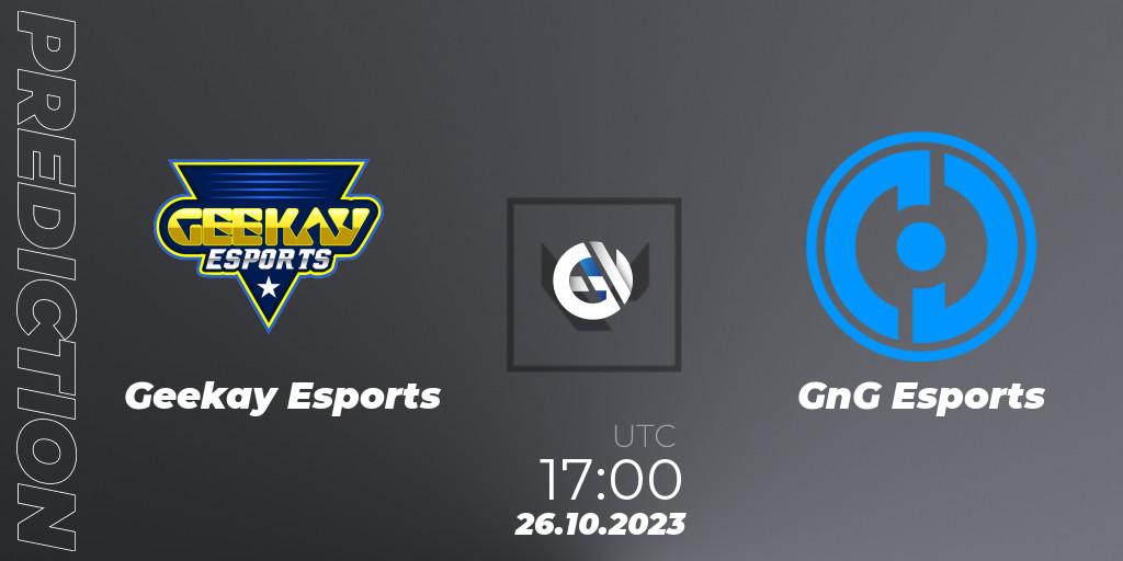 Pronósticos Geekay Esports - GnG Esports. 26.10.2023 at 19:00. Superdome 2023 Egypt - LE & NA Qualifier - VALORANT
