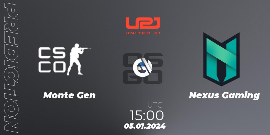 Pronósticos Monte Gen - Nexus Gaming. 05.01.2024 at 15:00. United21 Season 10 - Counter-Strike (CS2)