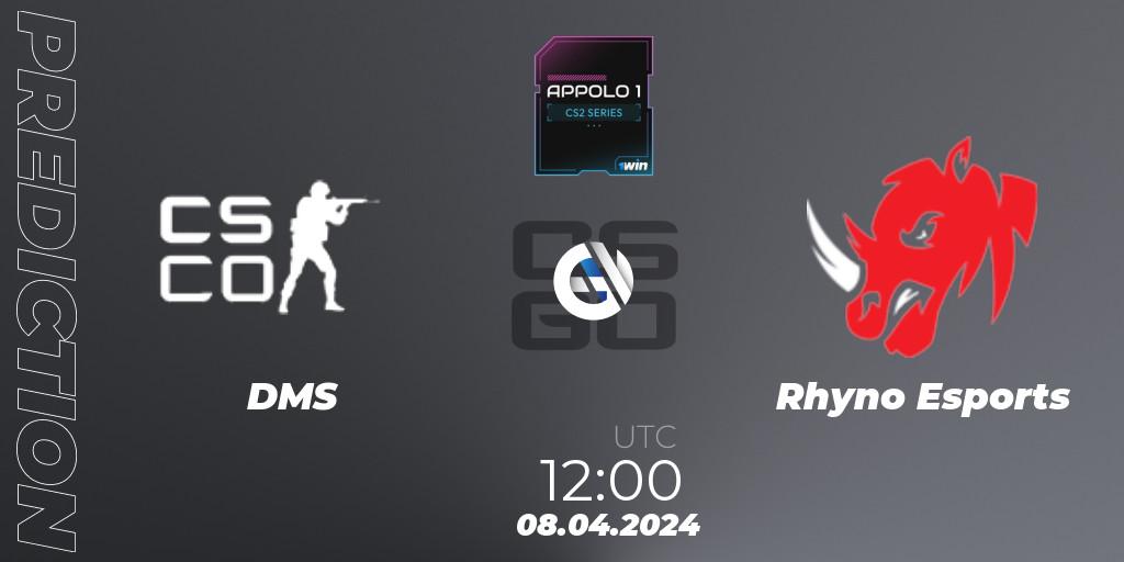 Pronósticos DMS - Rhyno Esports. 08.04.2024 at 12:00. Appolo1 Series: Phase 1 - Counter-Strike (CS2)