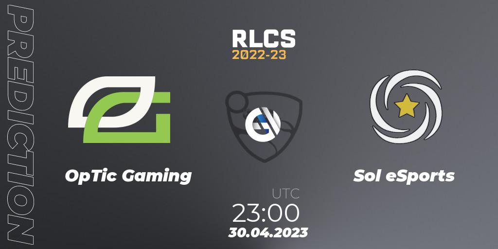 Pronósticos OpTic Gaming - Sol eSports. 30.04.2023 at 23:00. RLCS 2022-23 - Spring: North America Regional 1 - Spring Open: Closed Qualifier - Rocket League