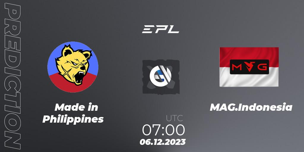 Pronósticos Made in Philippines - MAG.Indonesia. 06.12.2023 at 07:00. EPL World Series: Southeast Asia Season 1 - Dota 2