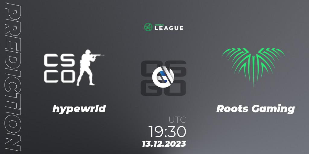 Pronósticos hypewrld - Roots Gaming. 13.12.2023 at 17:30. ESEA Season 47: Intermediate Division - Europe - Counter-Strike (CS2)