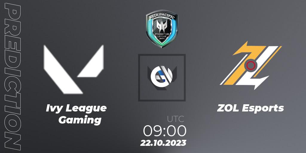 Pronósticos Ivy League Gaming - ZOL Esports. 22.10.2023 at 05:00. Predator League Philippines 2024 - VALORANT