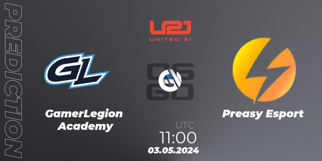 Pronósticos GamerLegion Academy - Preasy Esport. 03.05.2024 at 11:00. United21 Season 15 - Counter-Strike (CS2)