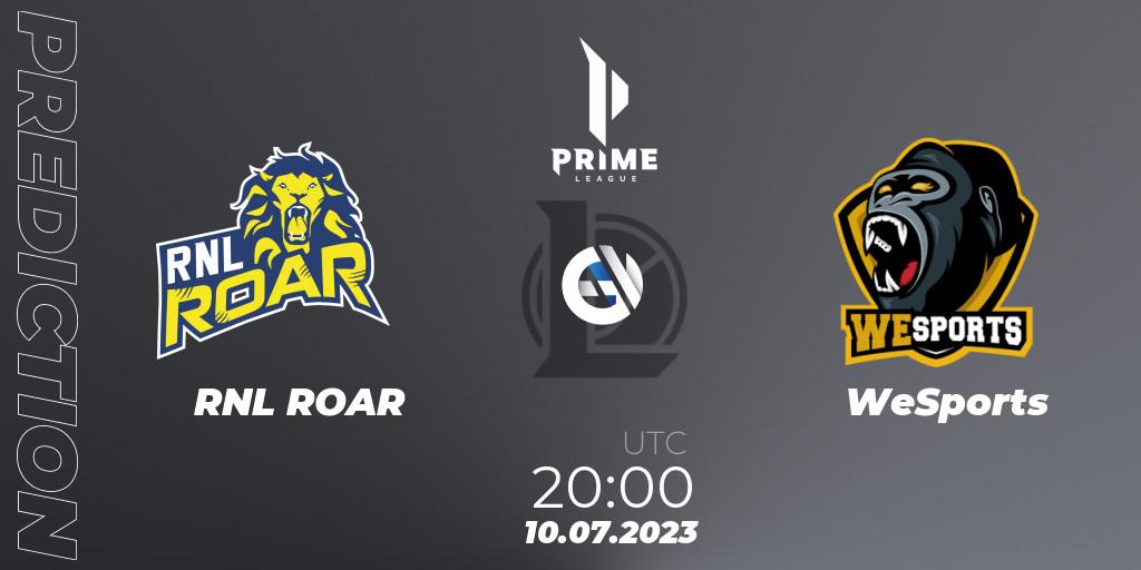 Pronósticos RNL ROAR - WeSports. 10.07.2023 at 20:00. Prime League 2nd Division Summer 2023 - LoL