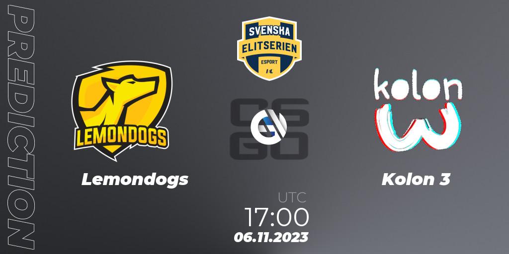 Pronósticos Lemondogs - Kolon 3. 06.11.2023 at 17:00. Svenska Elitserien Fall 2023: Online Stage - Counter-Strike (CS2)