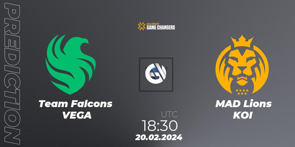 Pronósticos Team Falcons VEGA - MAD Lions KOI. 20.02.2024 at 17:50. VCT 2024: Game Changers EMEA Stage 1 - VALORANT