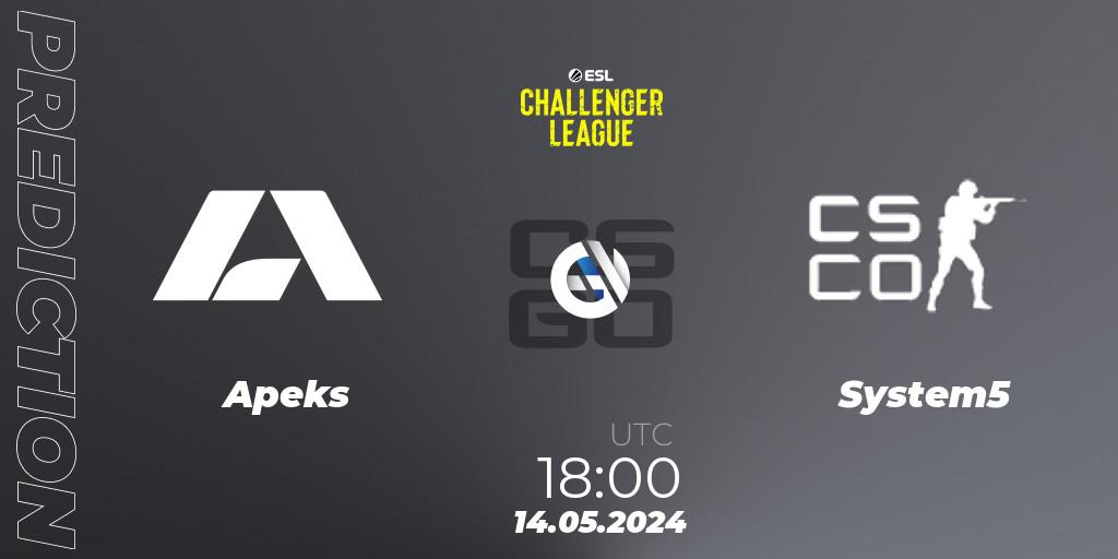 Pronósticos Apeks - System5. 14.05.2024 at 18:00. ESL Challenger League Season 47: Europe - Counter-Strike (CS2)